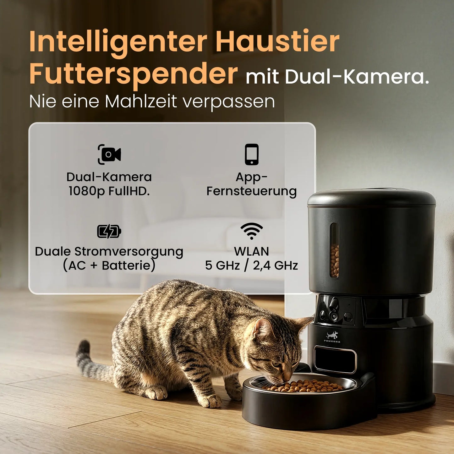 PAWRUNA Futterautomat – 4L Tank und Anti-Blockier-Motor